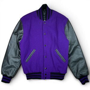 Stuart & Strauss Varsity Jacket Mens S Purple Black Wool Leather Sleeve Snap Up